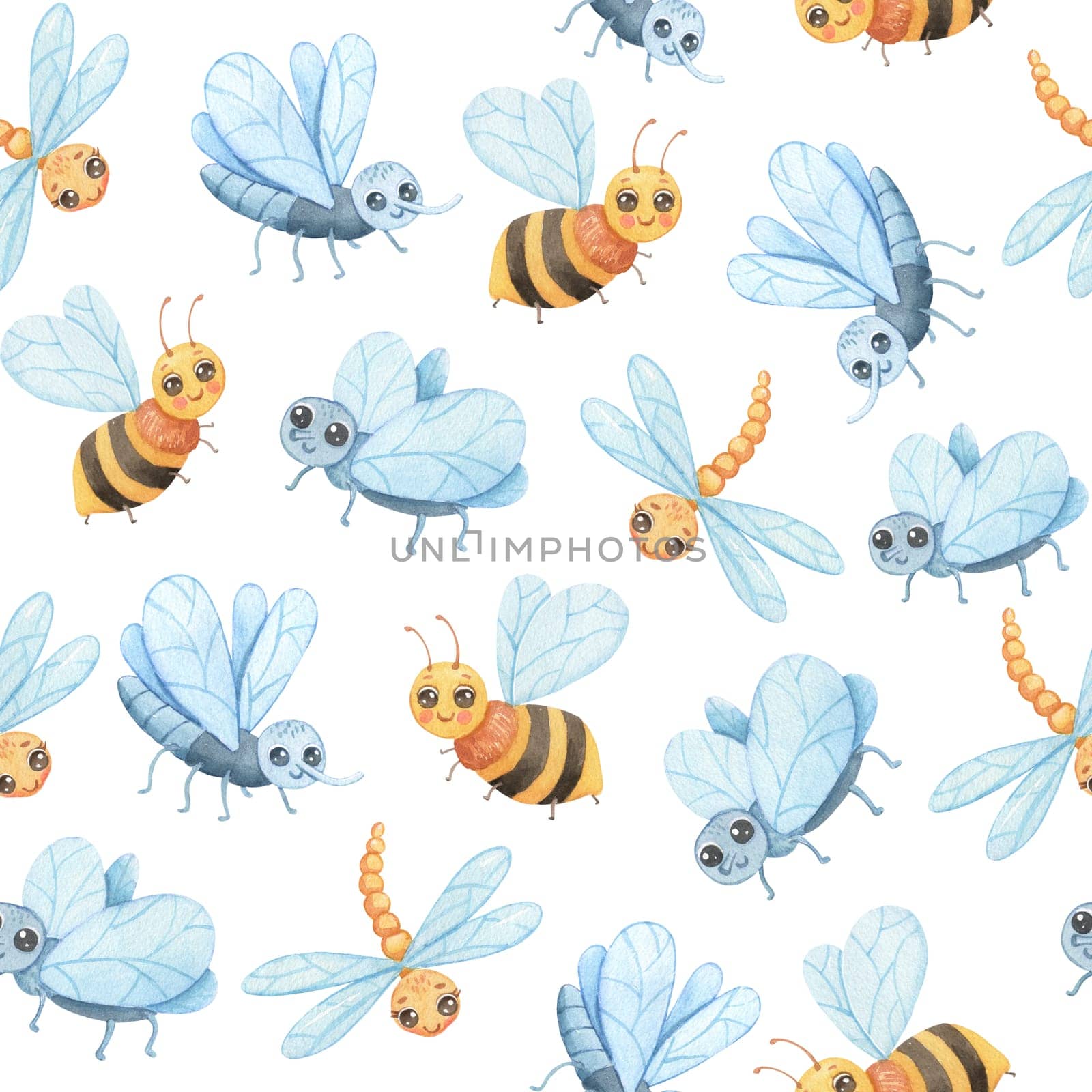 Seamless watercolor pattern with cartoon insects. Cute bee, fly and mosquito.