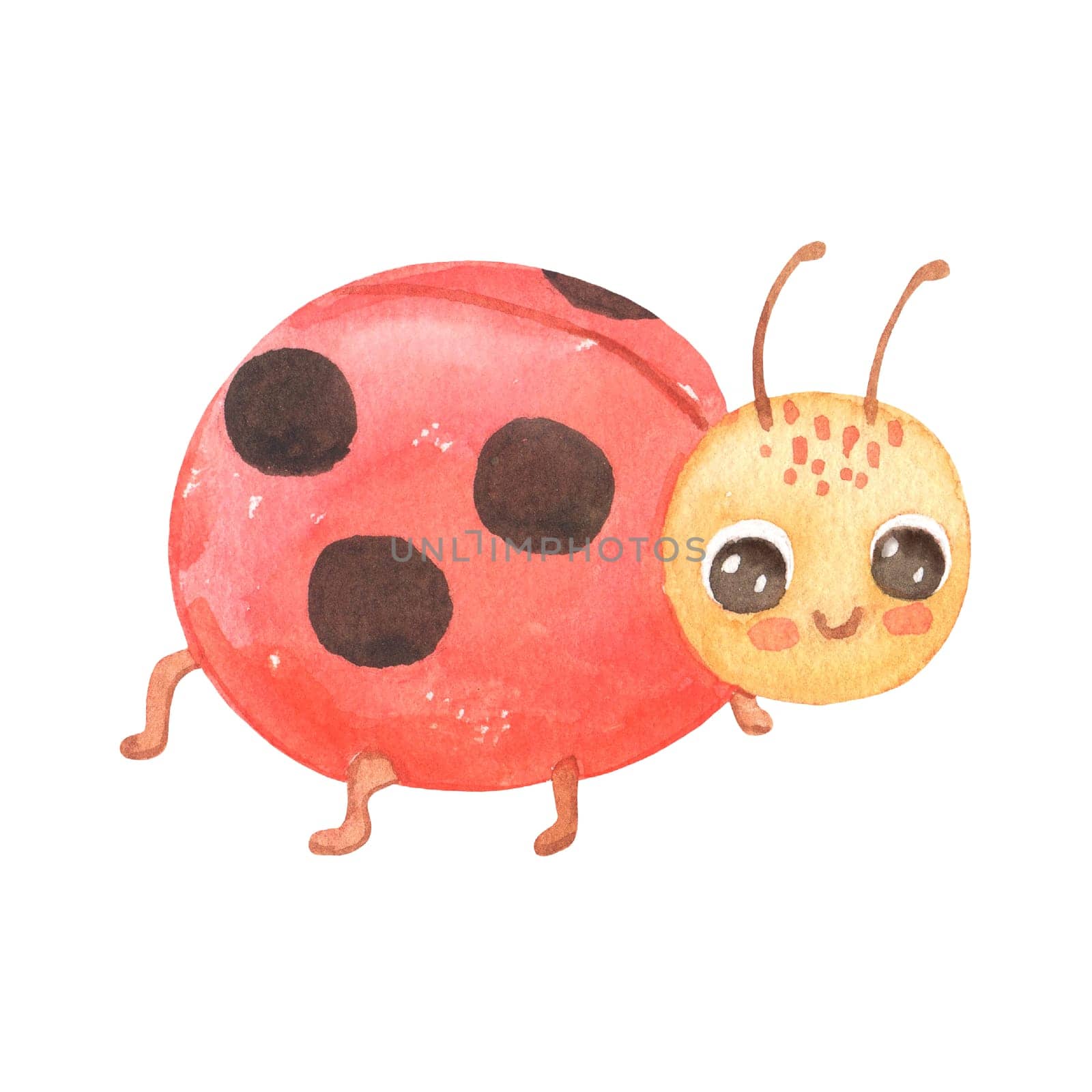 Cute smiling character ladybug isolated on white background. Funny insect for children. Watercolor cartoon illustration