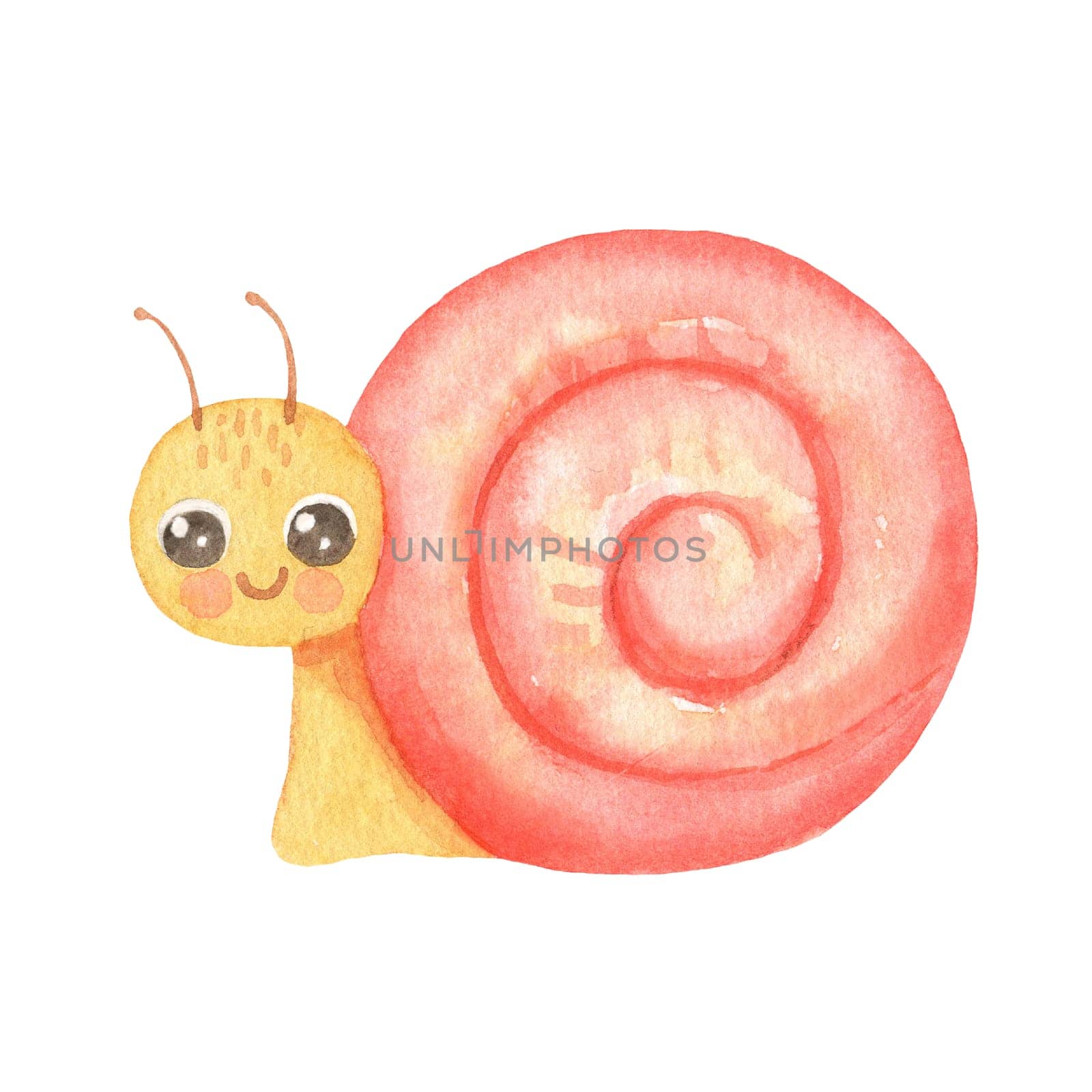 Cute smiling character snail isolated on white background. Funny insect for children. Watercolor cartoon illustration