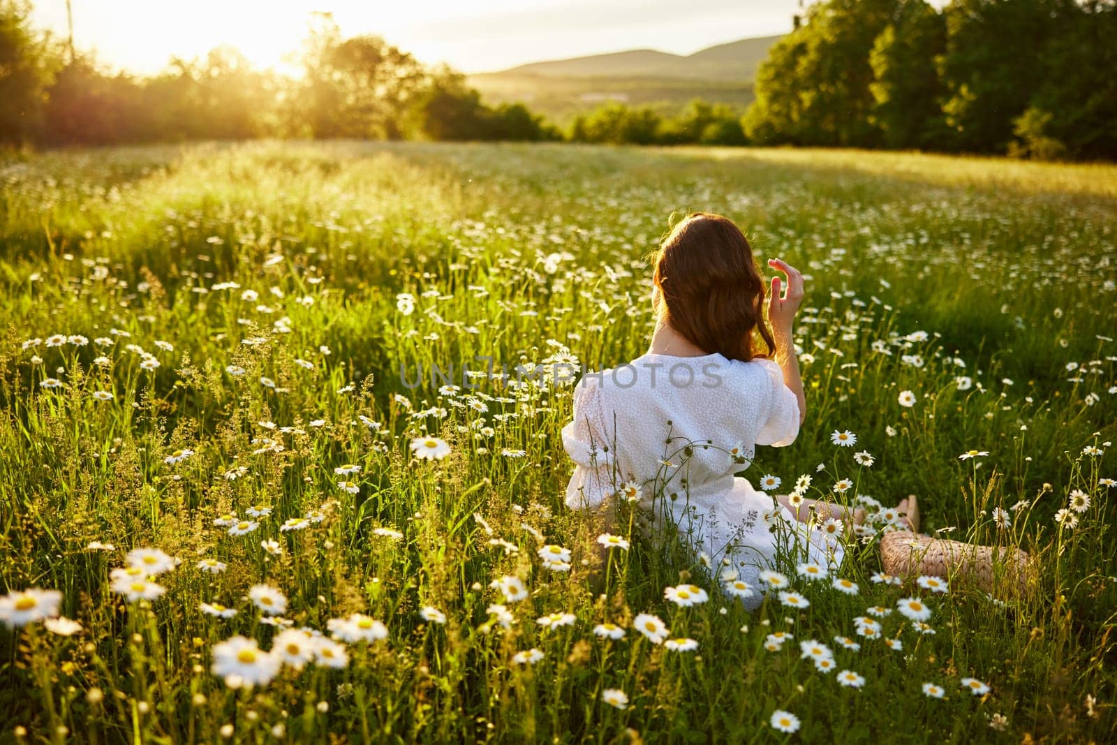 a red-haired woman in a light dress sits in a chamomile field at sunset and admires the passing day. High quality photo