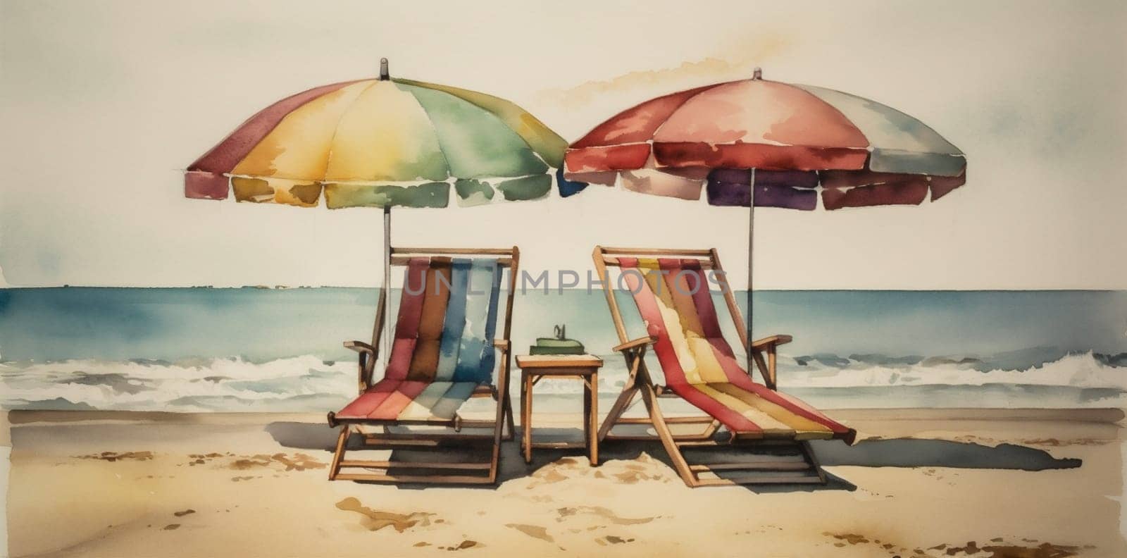 vacation watercolor relax umbrella sand rest resort chair background beach summer. Generative AI. by SHOTPRIME