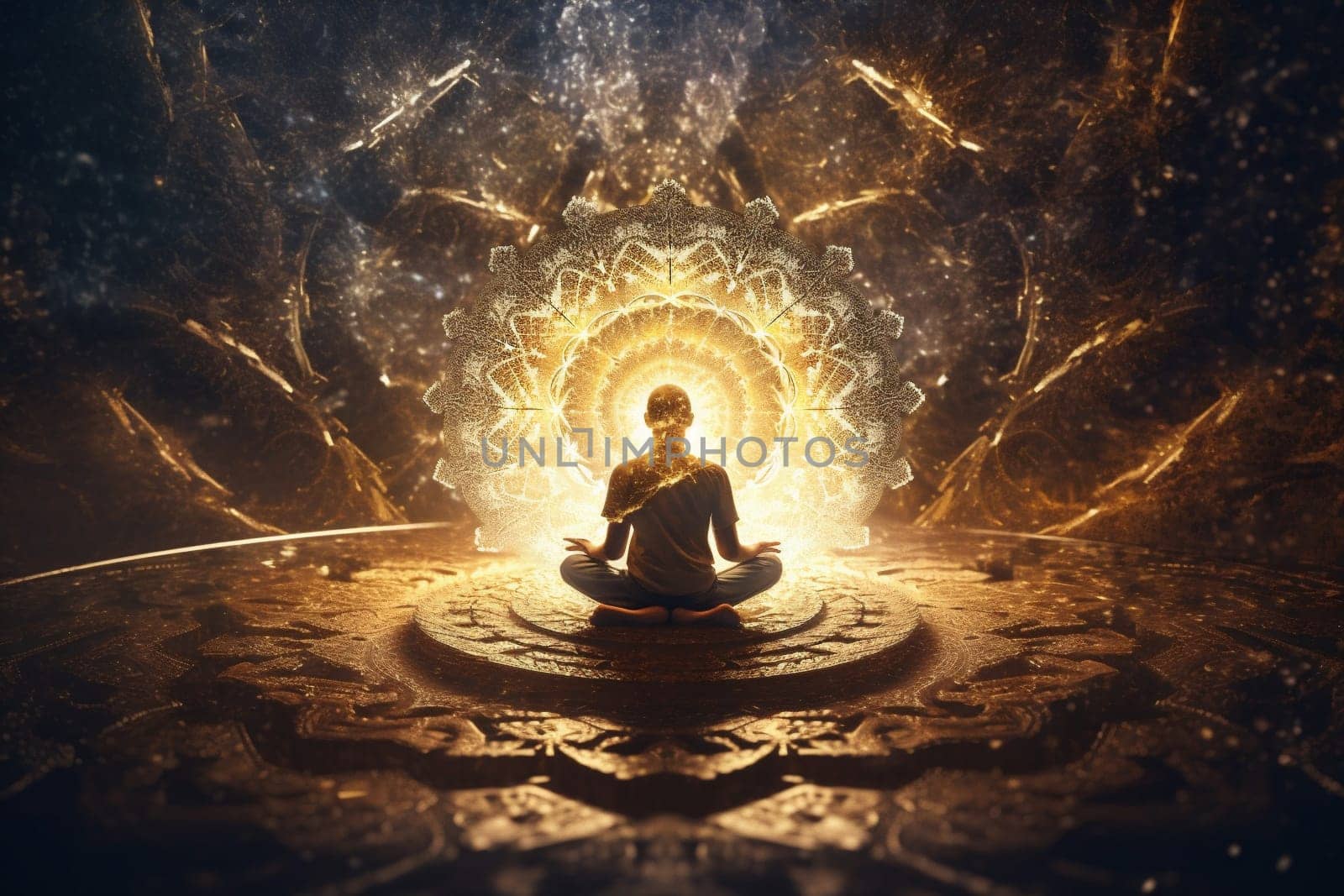esoteric healing pose body peace meditation mystic buddhism fitness relaxation chakra silhouette yoga aura spiritual zen energy background mental human. Generative AI.