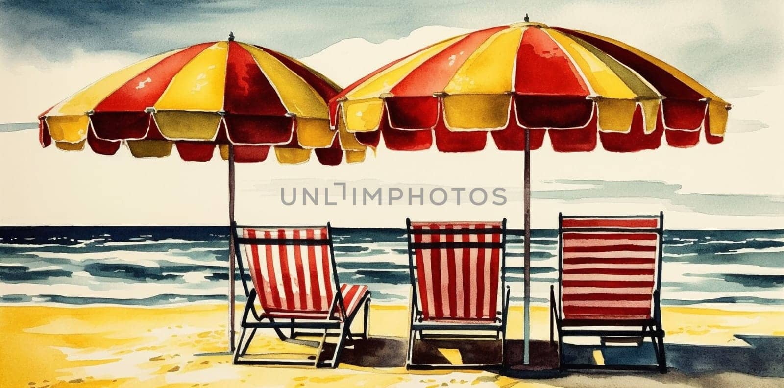 rest chair watercolor background beach resort summer relax vacation nature umbrella. Generative AI. by SHOTPRIME