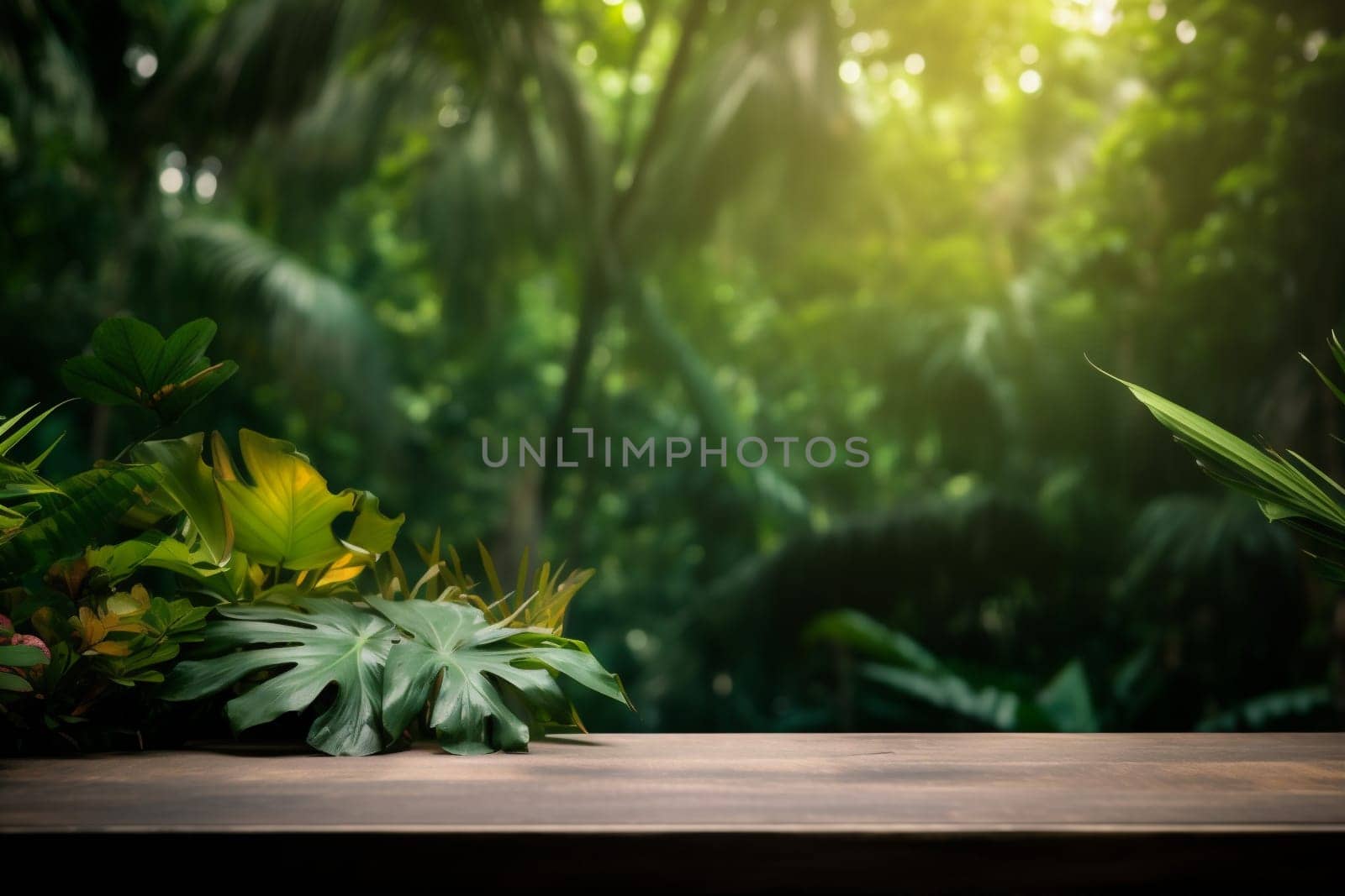 color palm up podium platform design green wooden space leaf mock. Generative AI. by SHOTPRIME