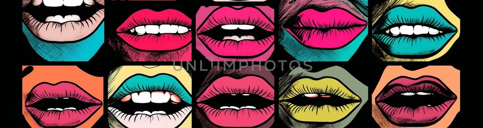 woman art poster pattern shape collage mouth lips female abstract style lipstick cartoon glamour sticker halftone love illustration kiss isolated . Generative AI.