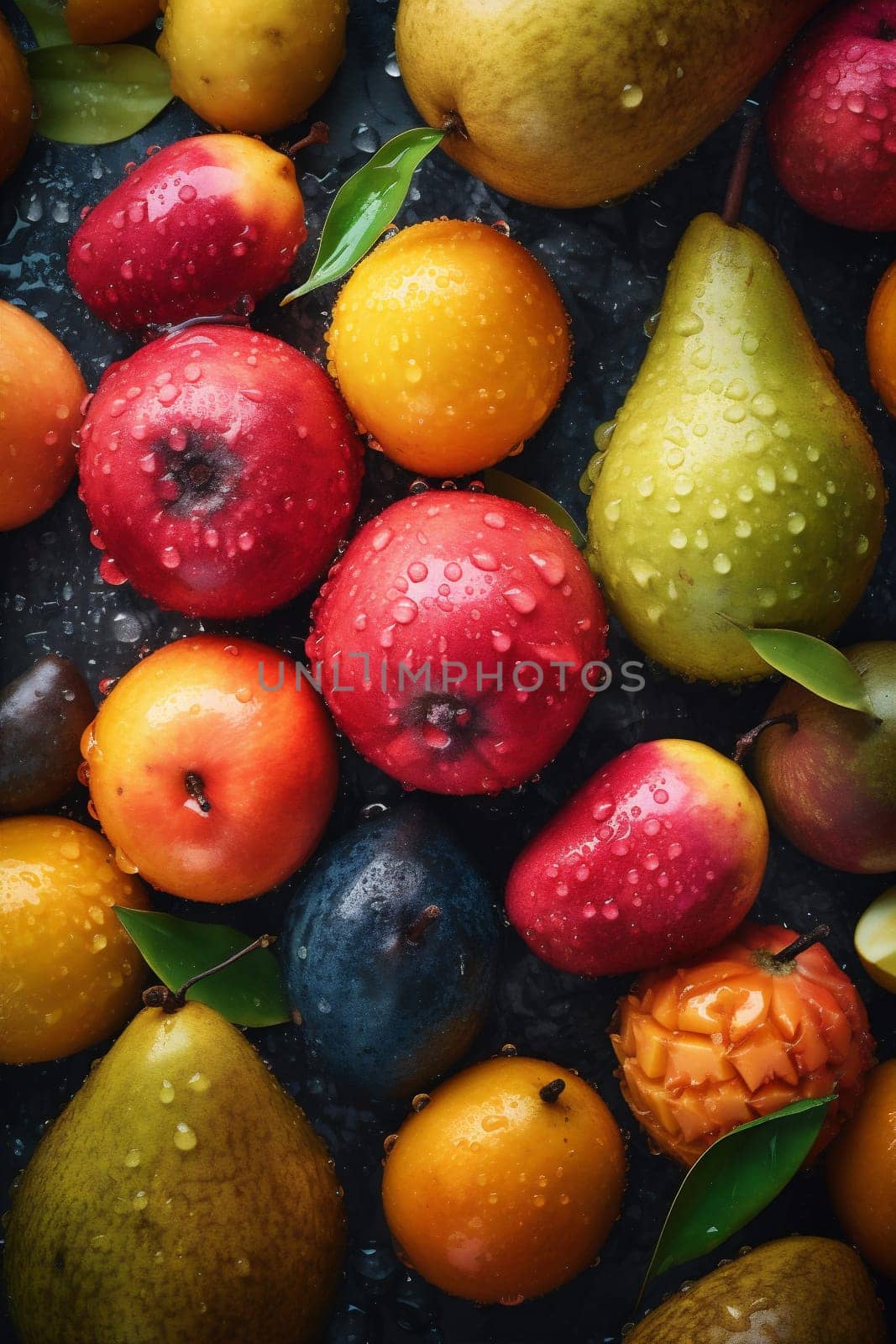 splashing organic yellow food fruit strawberry vegetable liquid banana vitamin healthy drop green water concept bubble splash fresh background orange red. Generative AI.