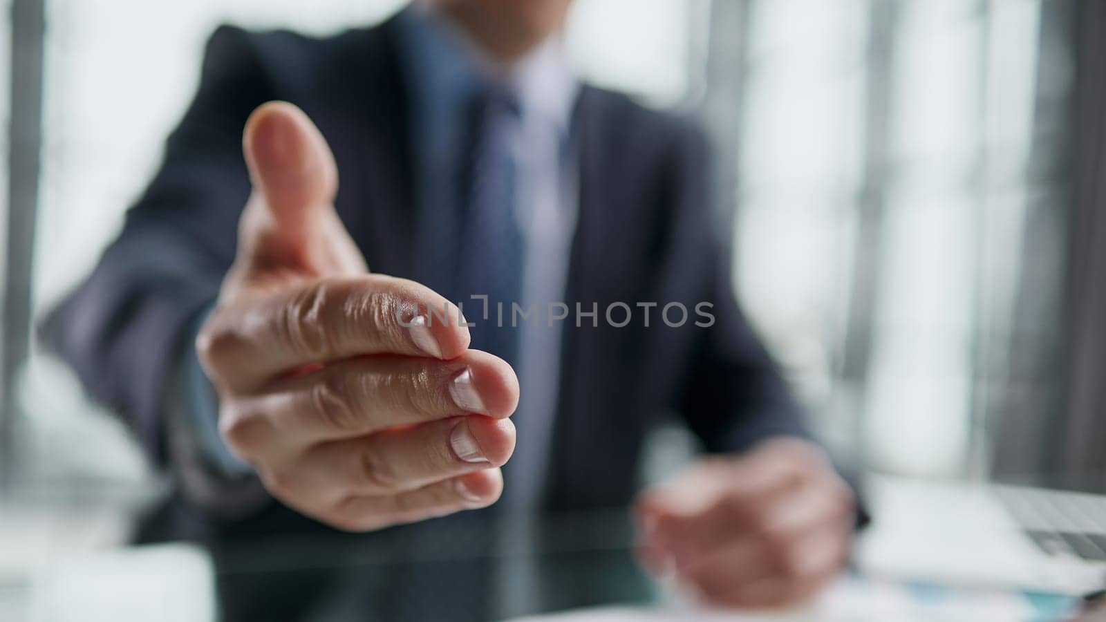 Make deal, company boss HR recruiter greet applicant starting job interview concept.