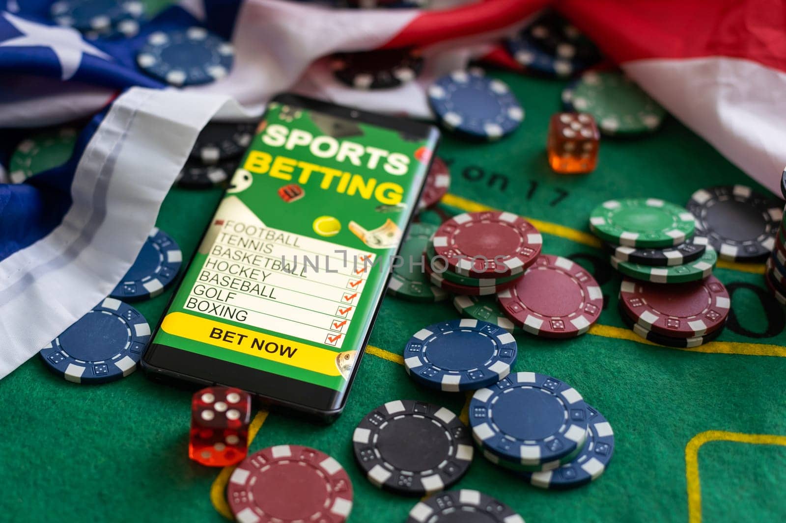 smartphone with sports betting, casino, flag of the USA.