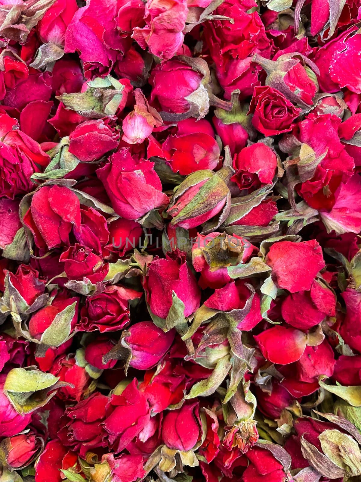 Dried roses as background. Red roses, close-up. by Lunnica