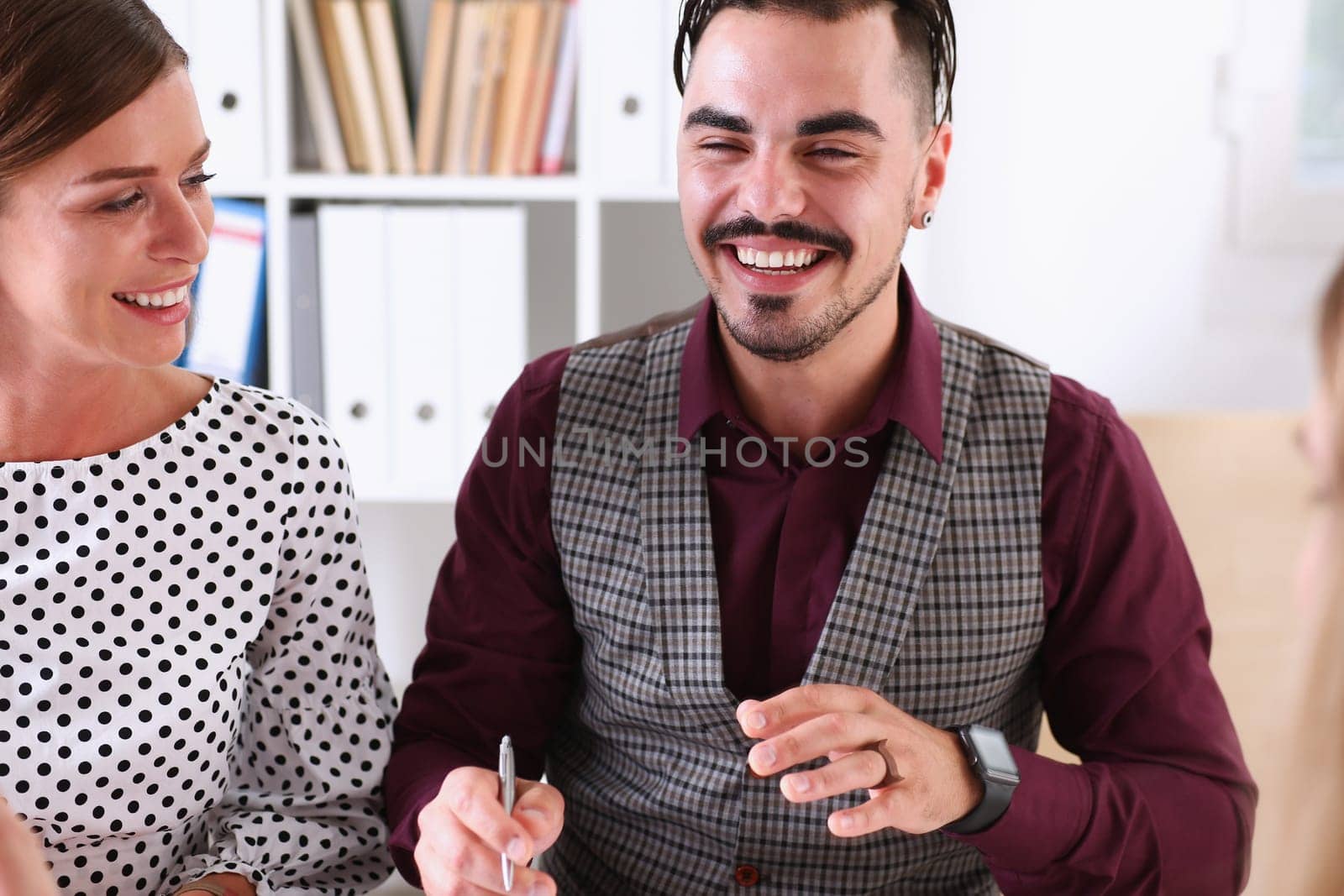 Group of people sit in office deliberate on problem portrait. White collar talk and listen idea discuss profit review sale market debate train lawyer document study finance adviser job concept