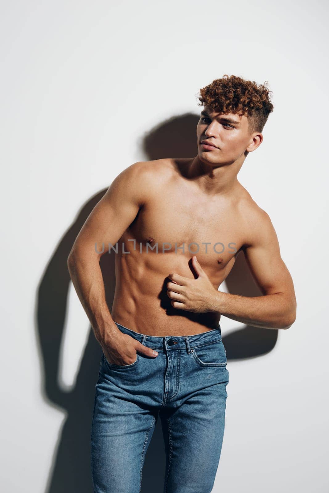 man shirtless athlete muscle guy care naked young beauty lifestyle muscular health jeans by SHOTPRIME
