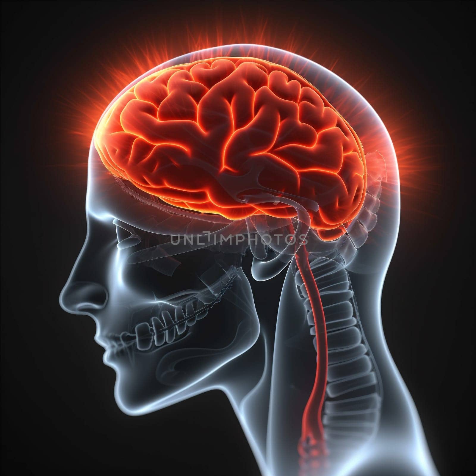 medical red pain headache x-ray blue anatomy head medicine brain. Generative AI. by SHOTPRIME