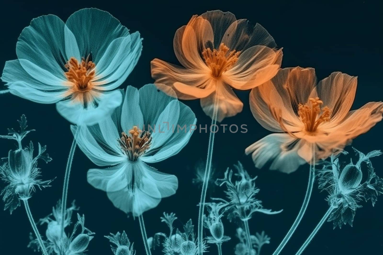 blossom flower beautiful nature floral bloom background pattern spring leaf xray. Generative AI. by SHOTPRIME