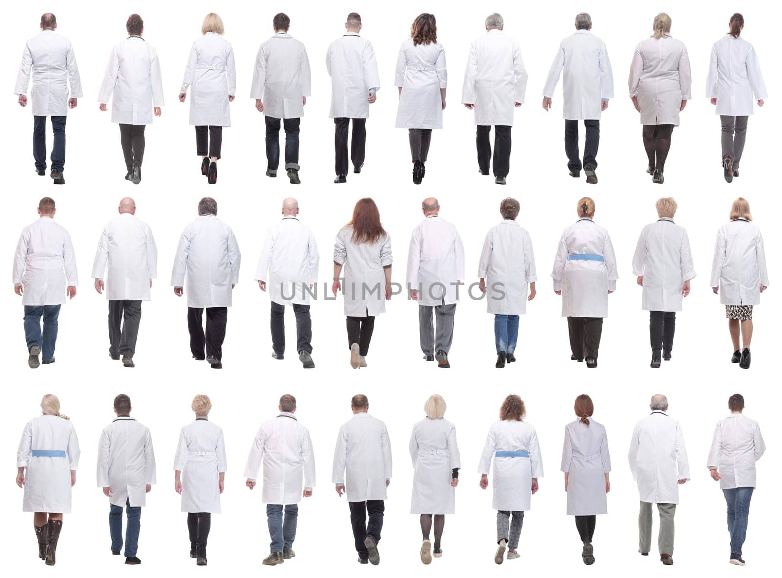 group of doctors in motion isolated on white background