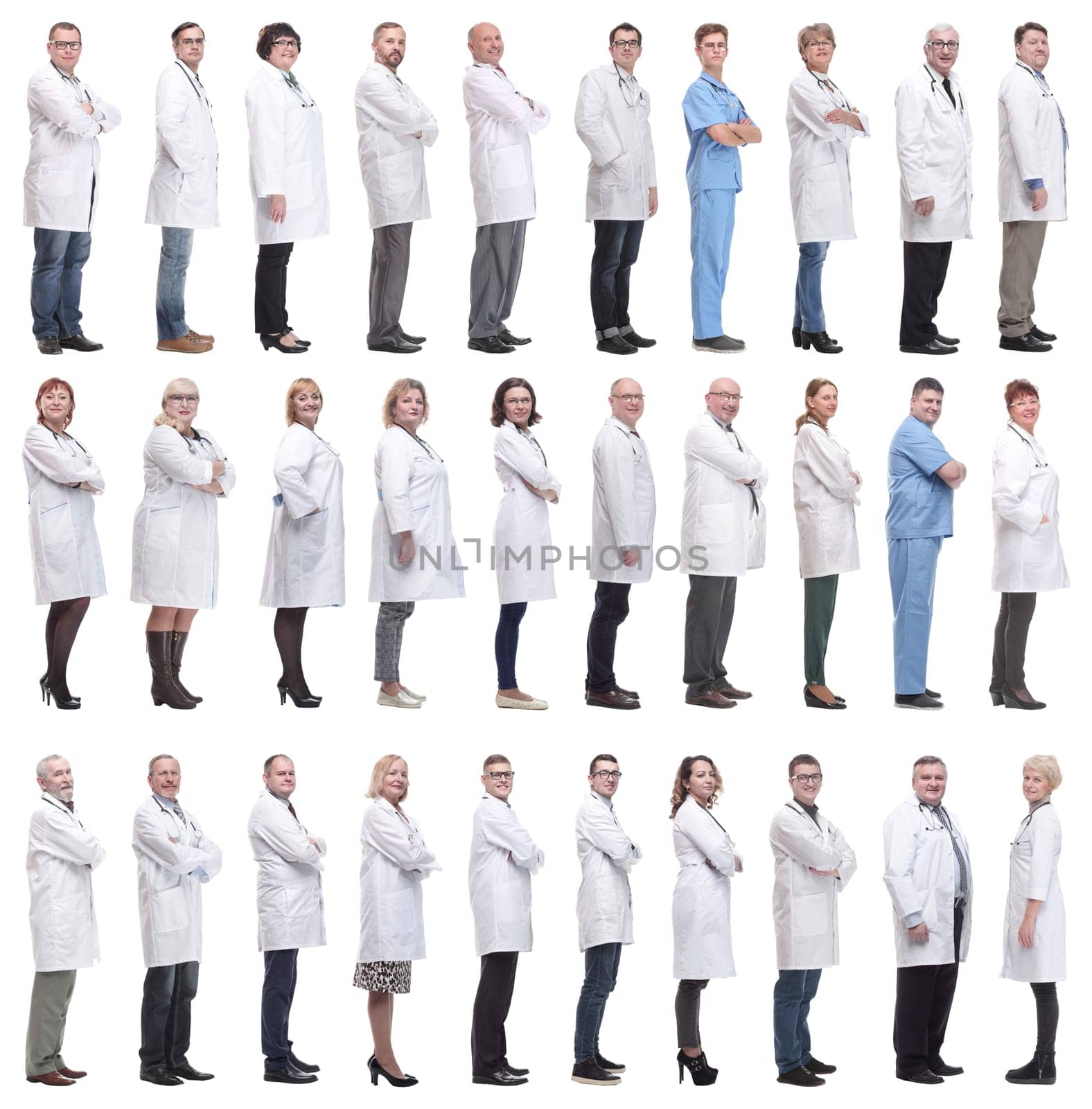 group of doctors in profile isolated on white background