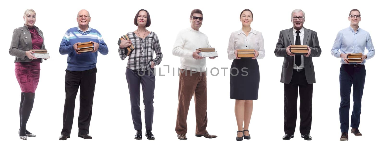 group of people holding books in hands isolated on white background