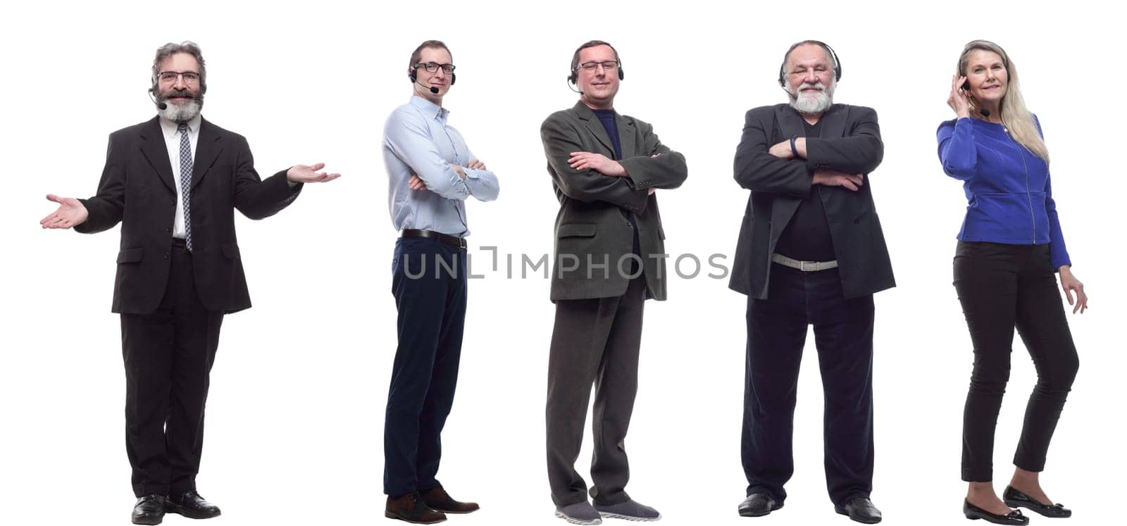 group of business people with microphone isolated on white background