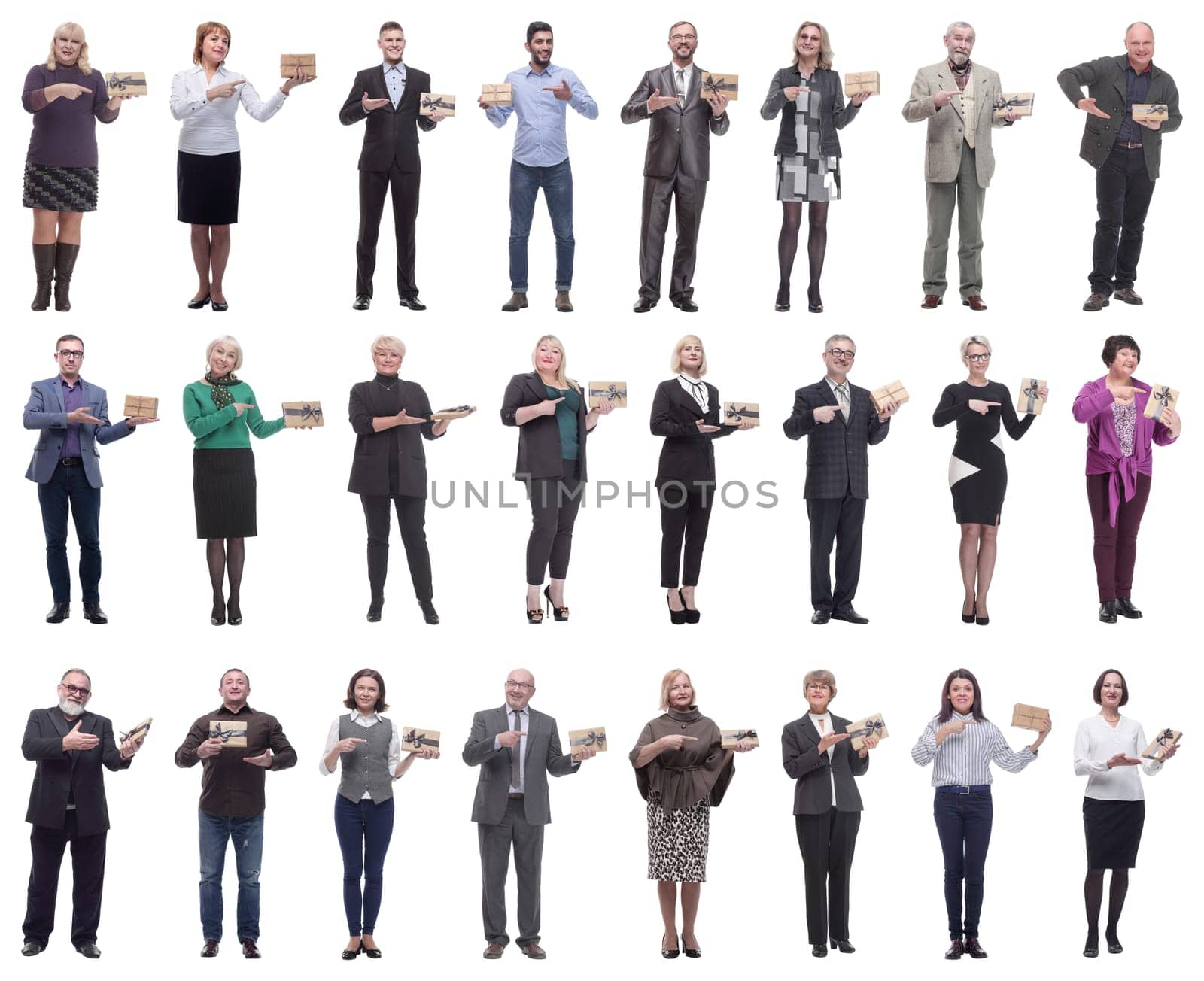 group of happy people with gifts in their hands isolated on white background