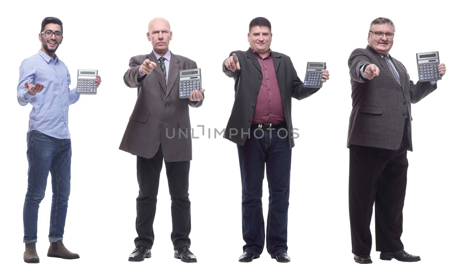 collage group of successful financiers with calculator isolated on white background