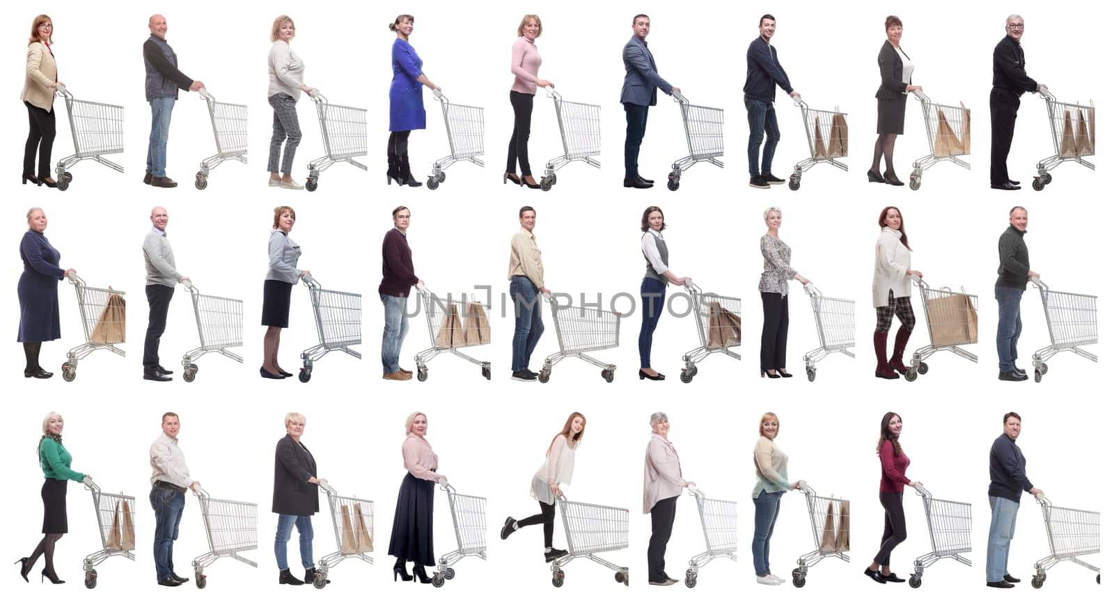 group of people with cart looking at camera isolated by asdf