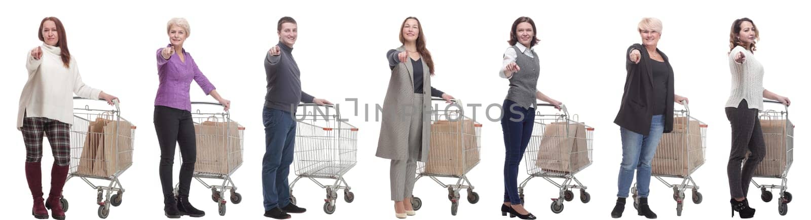 group of people with cart pointing finger at camera isolated on white background