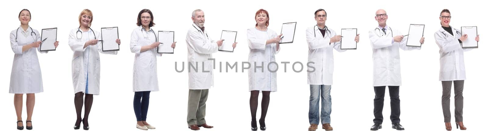 full length group of doctors with notepad isolated on white background