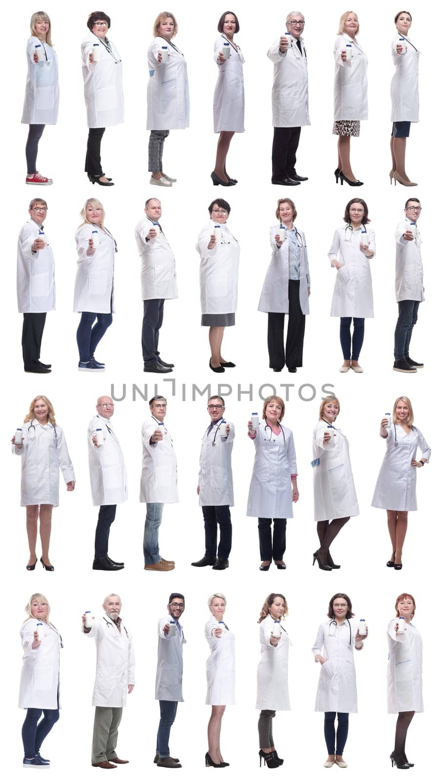 group of doctors holding jar isolated on white background