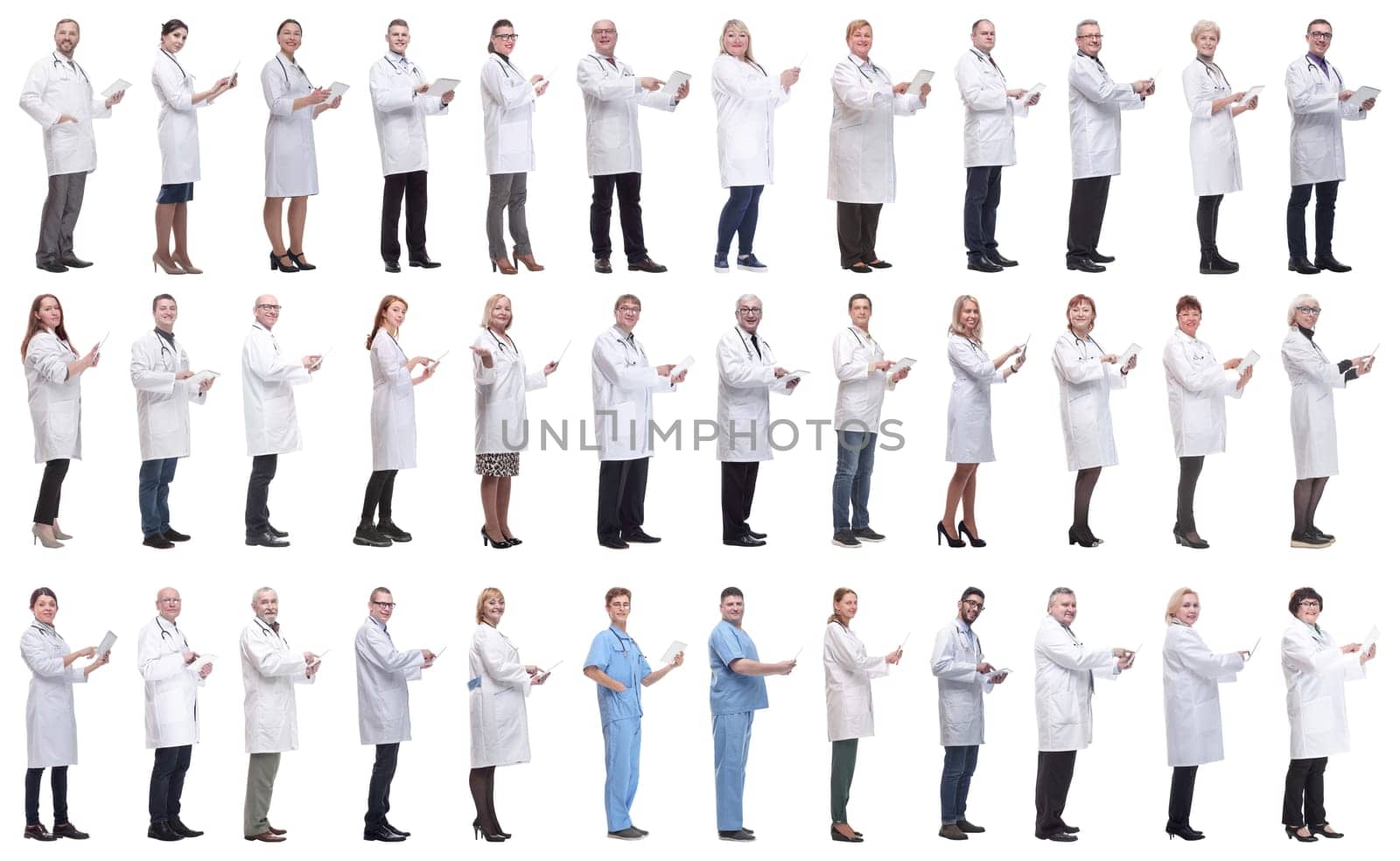 group of doctors with clipboard isolated on white by asdf