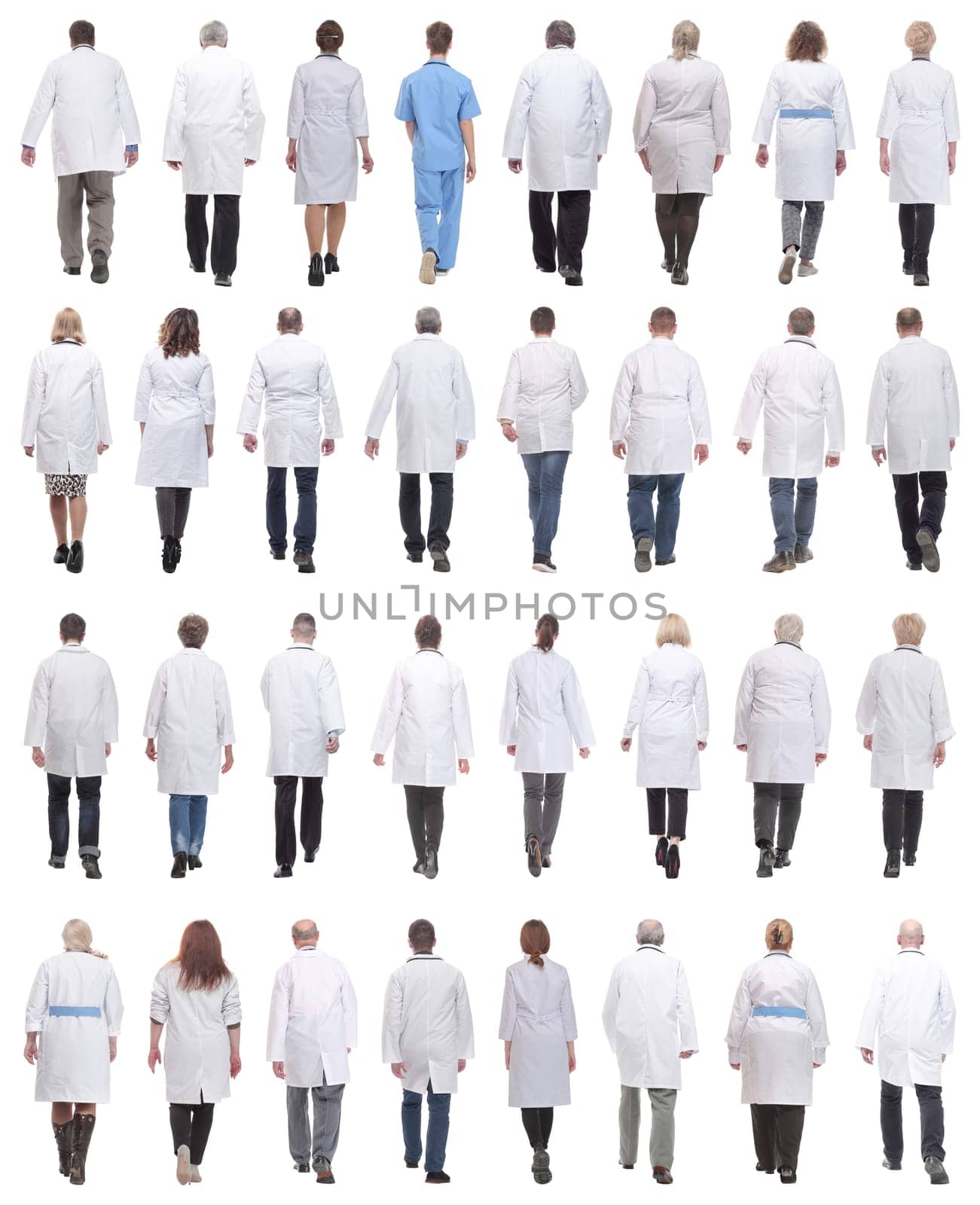 group of doctors in motion isolated on white background