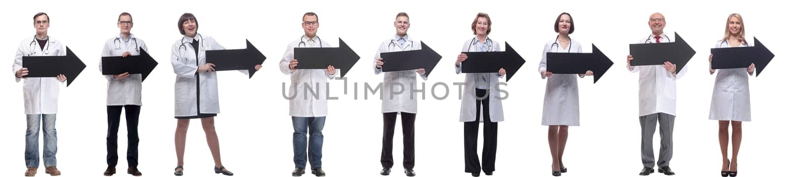 group of successful business people with black arrow isolated on white background