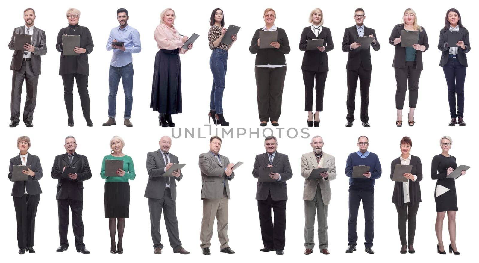 group of successful people with notepad in hands isolated on white background