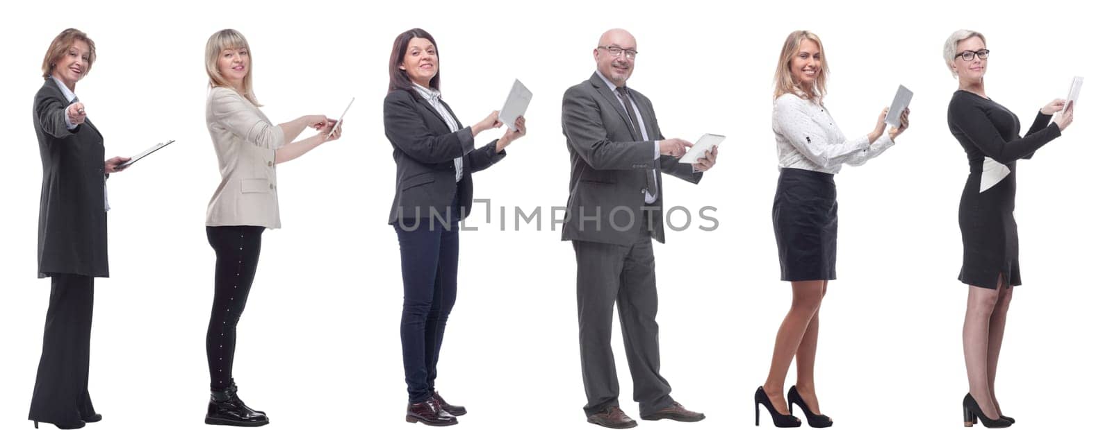 group of people demonstrating tablet looking at camera isolated on white background