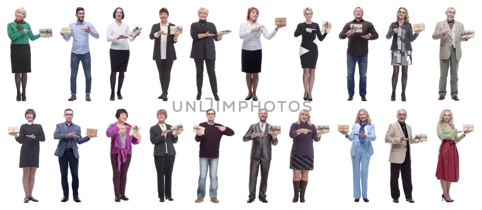 group of happy people with gifts in their hands isolated on white background