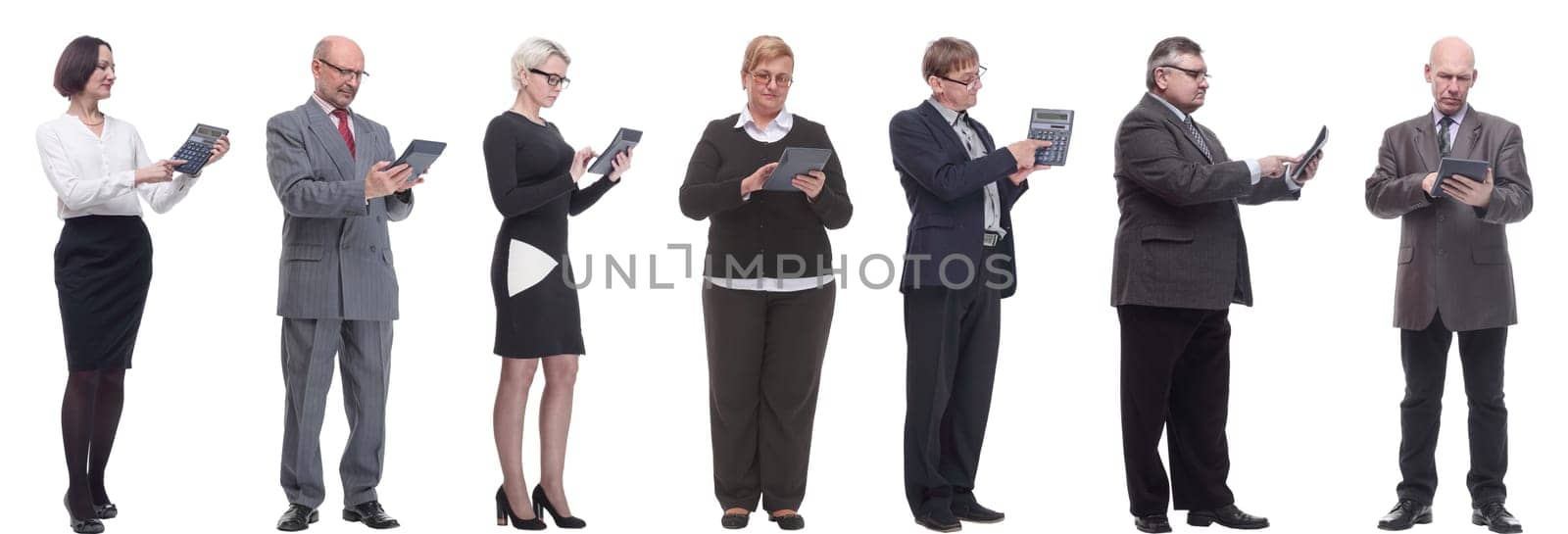 collage group of successful financiers with calculator isolated on white background