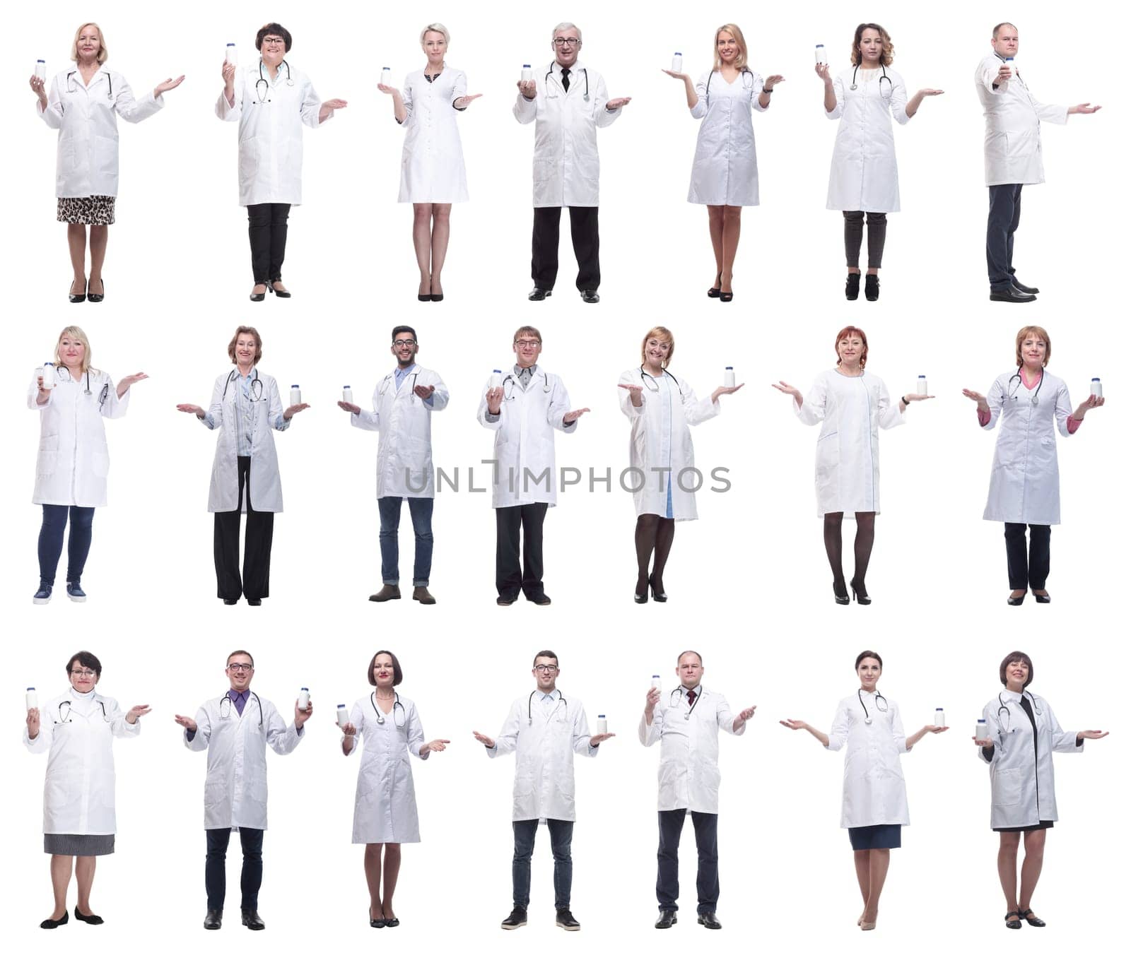 group of doctors holding jar isolated on white background