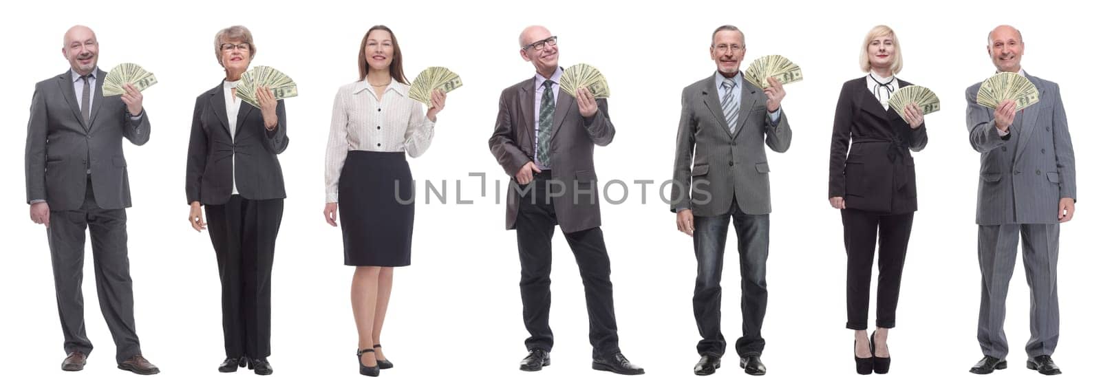 group of successful people holding money in hand isolated on white background