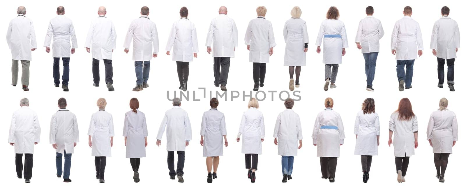 group of doctors in motion isolated on white background