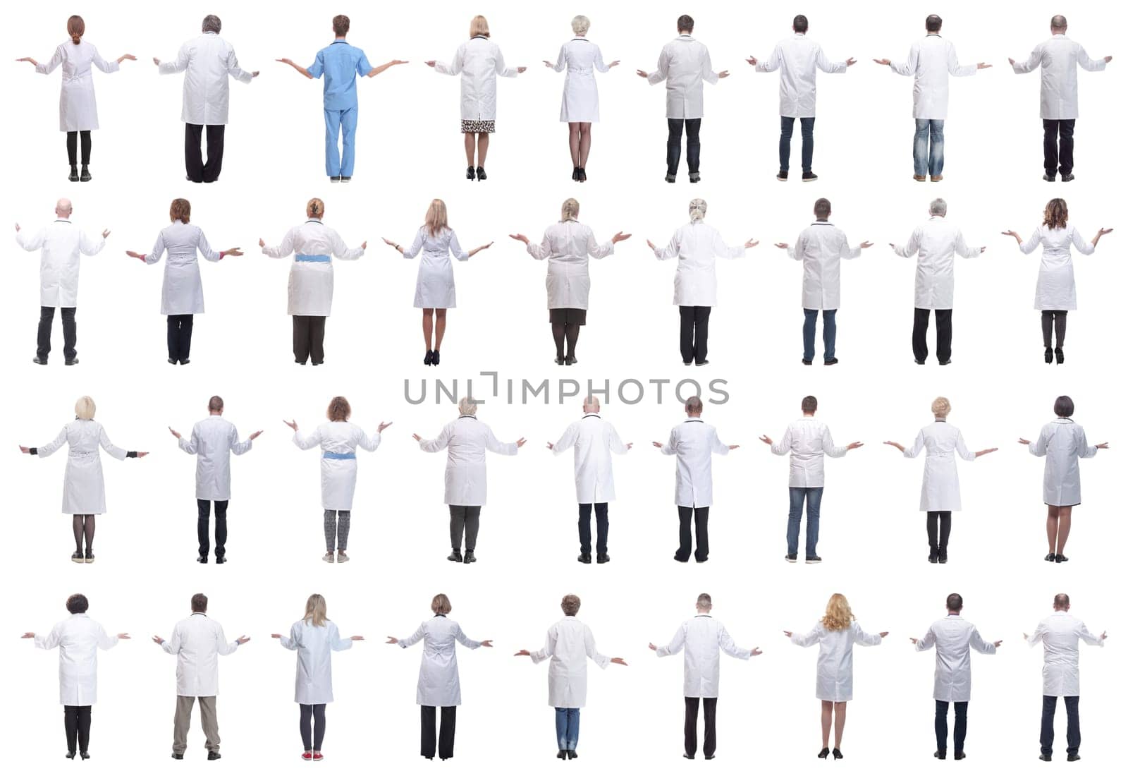 group of doctors standing with their backs isolated on white background