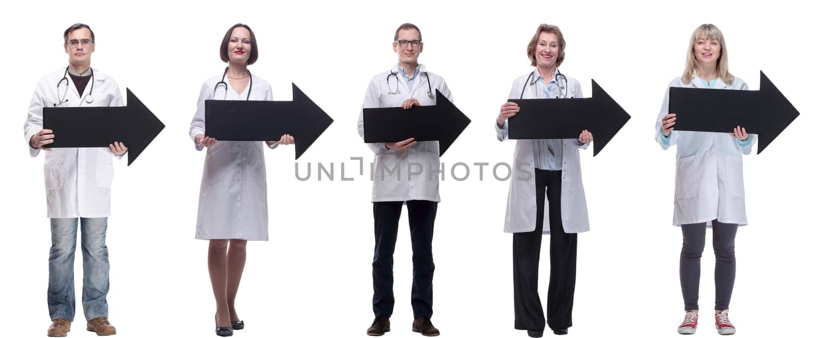 group of successful business people with black arrow isolated on white background