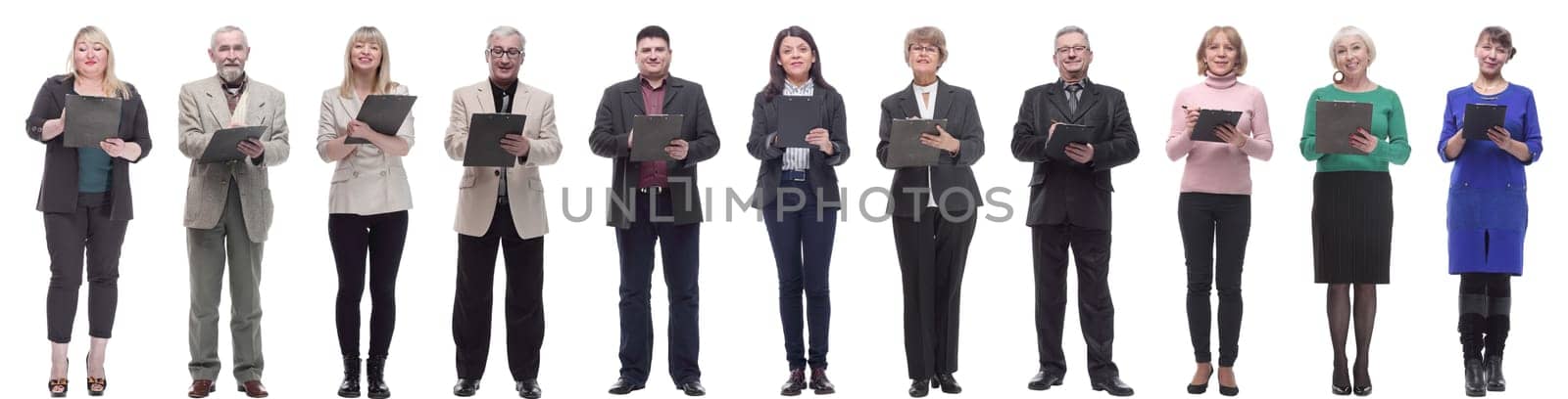 group of successful people with notepad in hands isolated by asdf