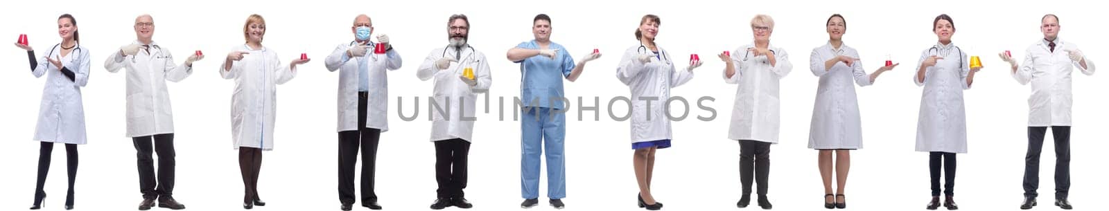 laboratory assistant holding a flask with liquid isolated on white background