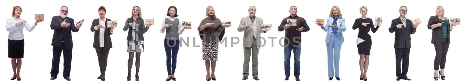 group of happy people with gifts in their hands isolated on white background