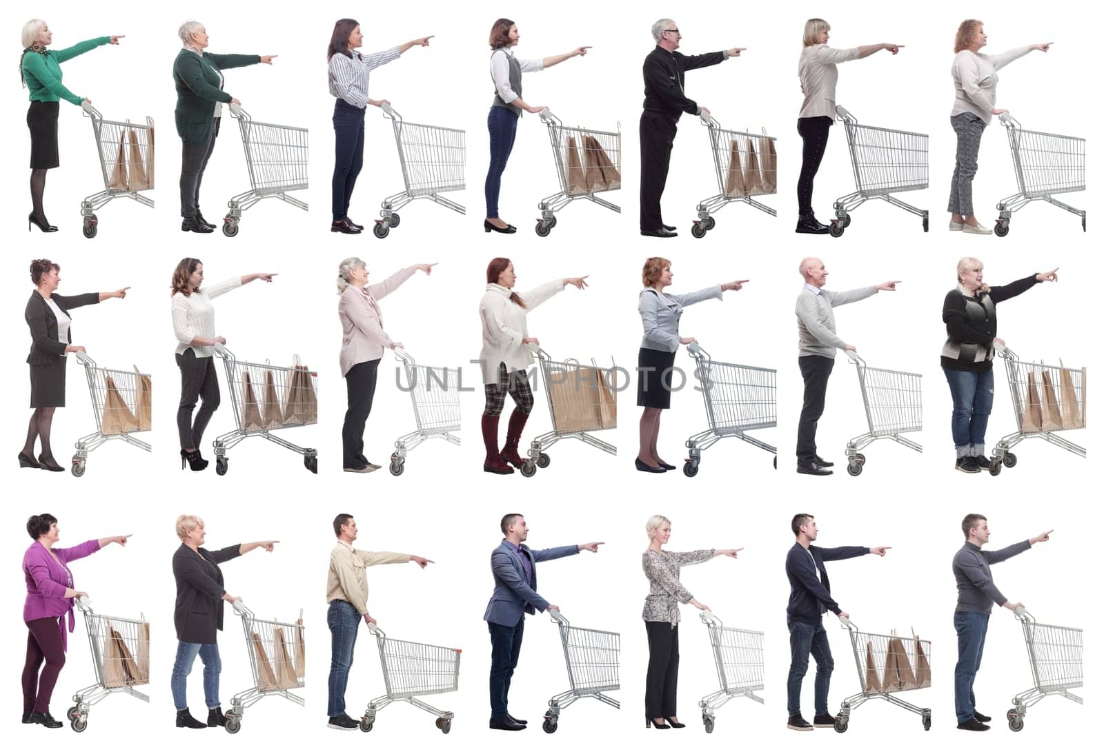 a group of people with a shopping cart point their fingers in front of them by asdf