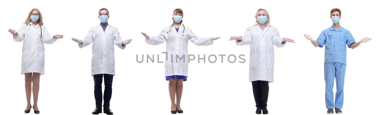 group of doctors in mask isolated on white background