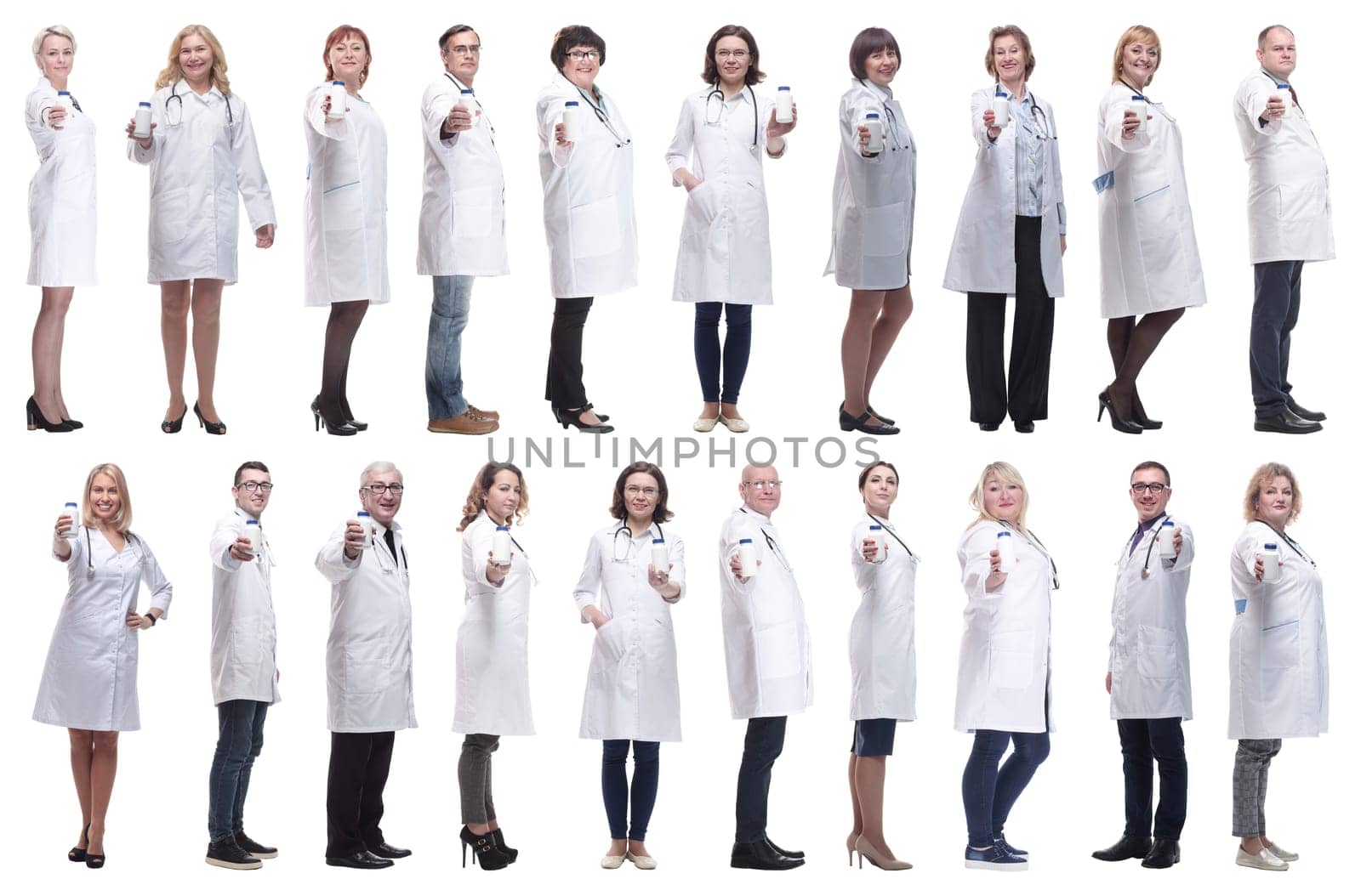 group of doctors holding jar isolated on white by asdf