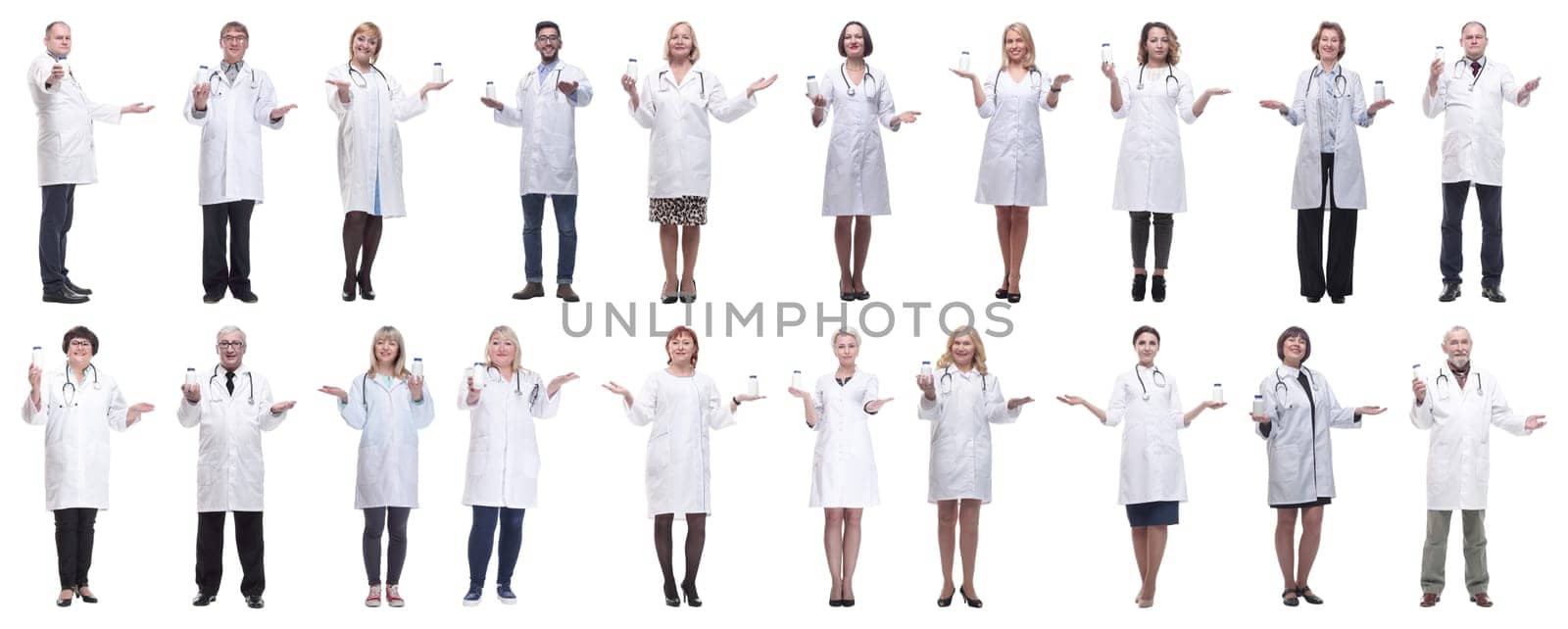 group of doctors holding jar isolated on white background