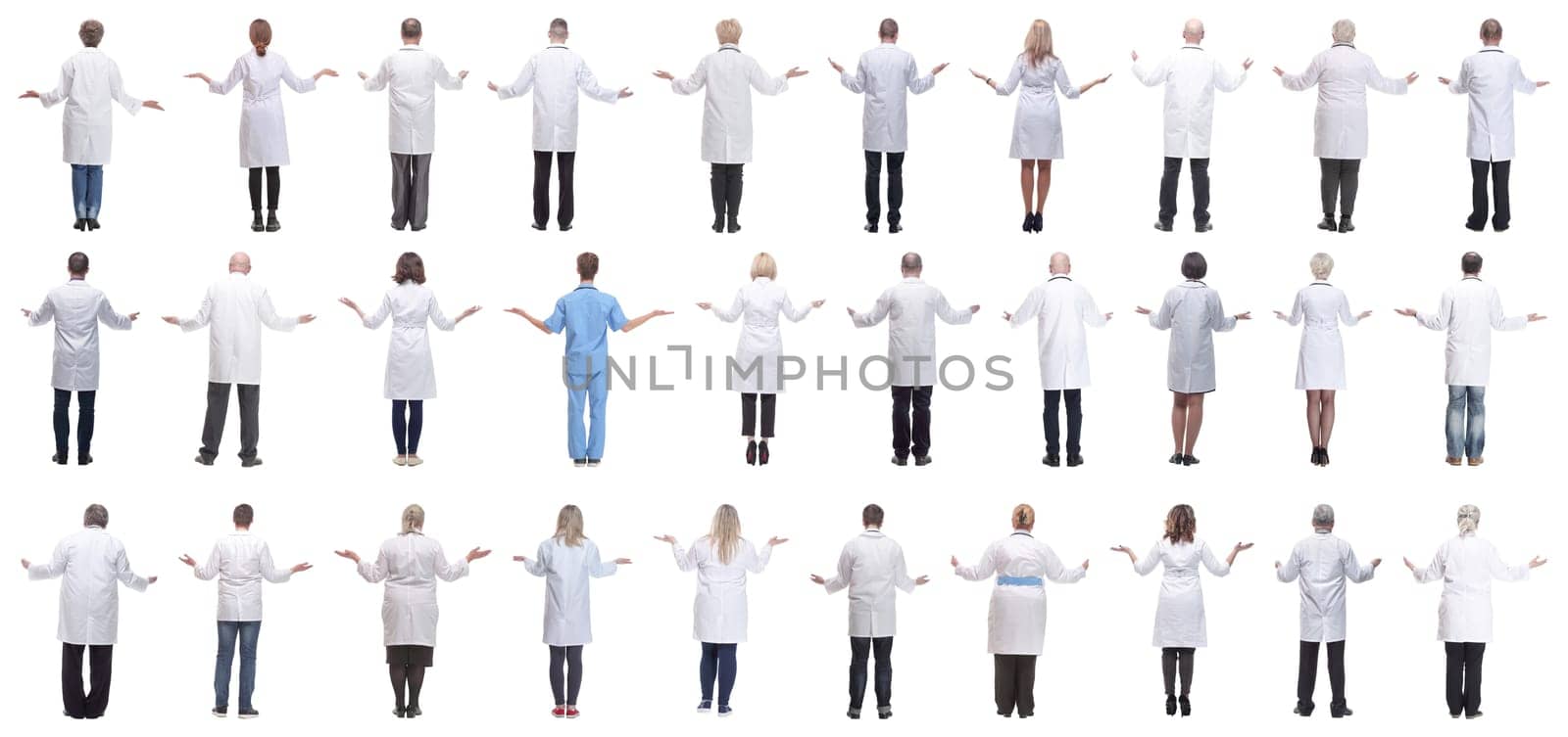 group of doctors standing with their backs isolated on white background