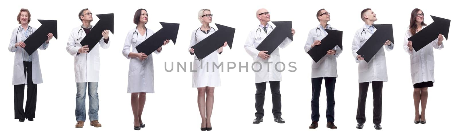 group of successful business people with black arrow isolated on white background