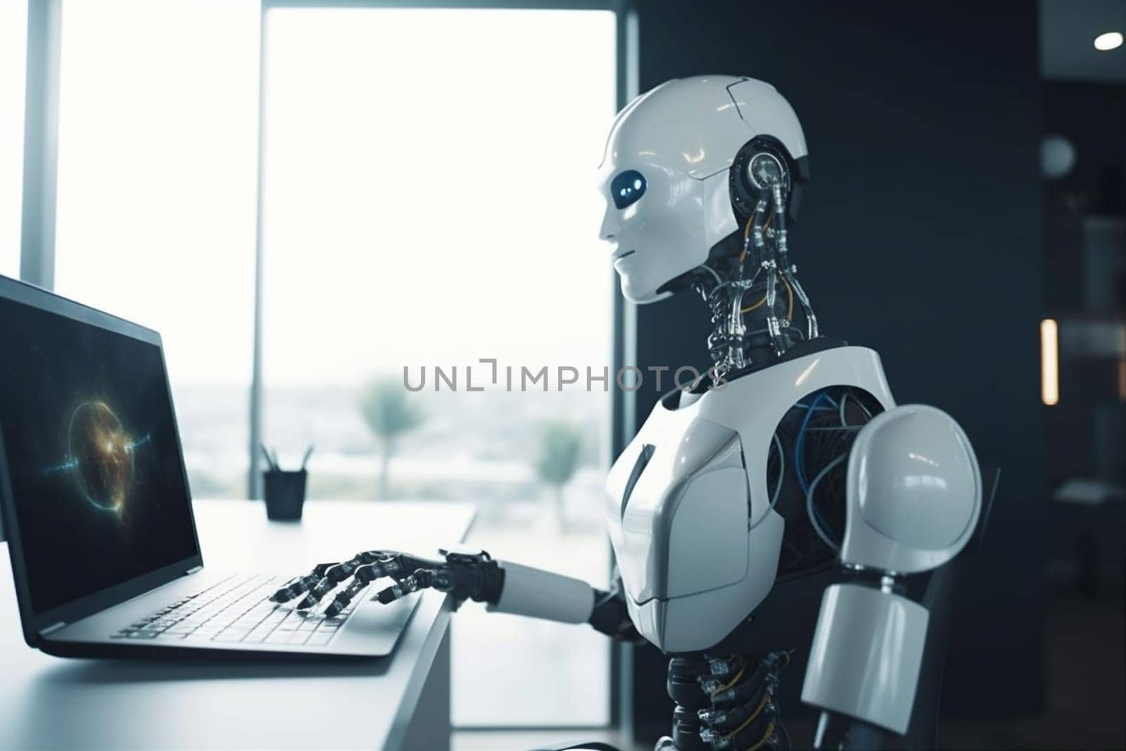 digital office robot technology artificial hand laptop paper ai document. Generative AI. by SHOTPRIME