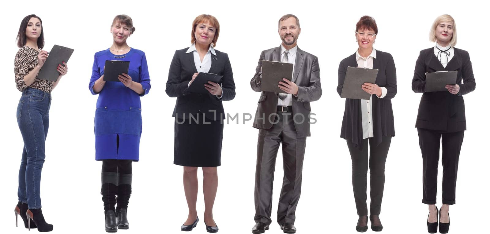 group of successful people with notepad in hands isolated by asdf